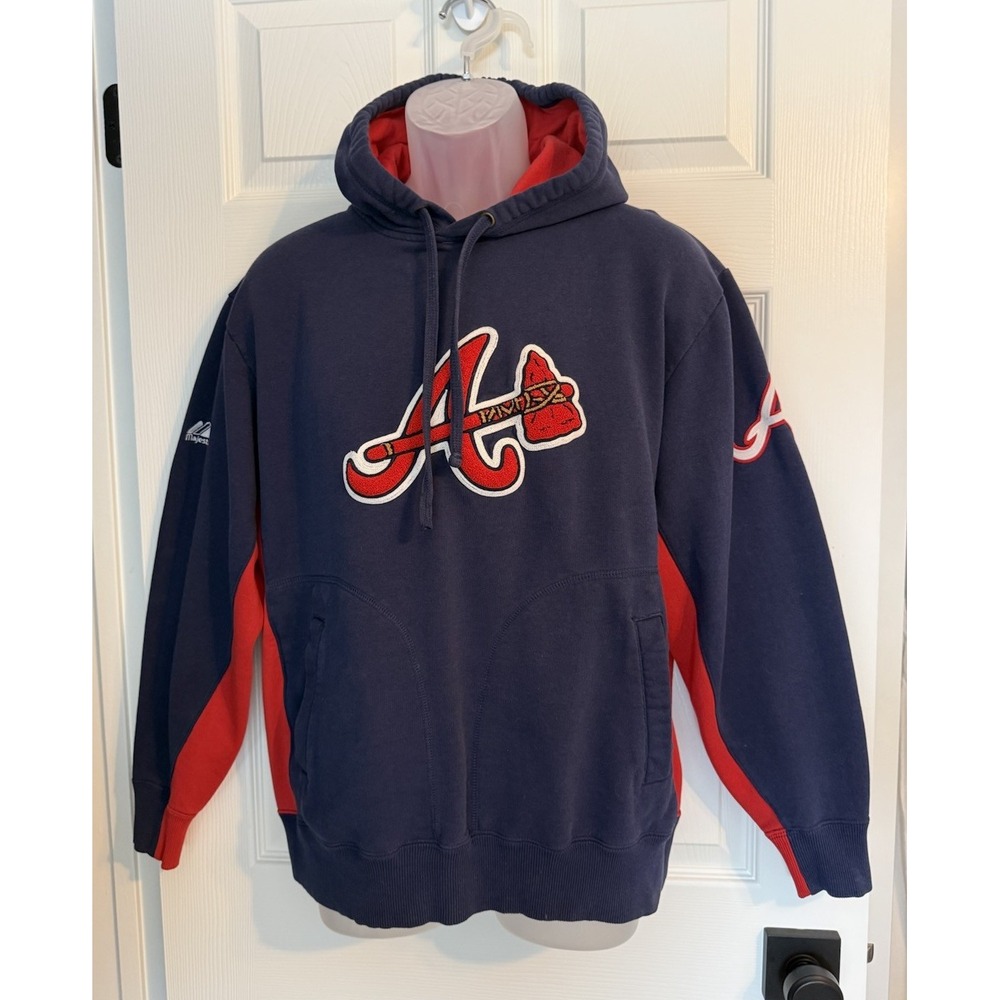 Vintage 90s Y2K Majestic MLB Atlanta Braves Tomahawk Blue Red Mens Hoodie Size L